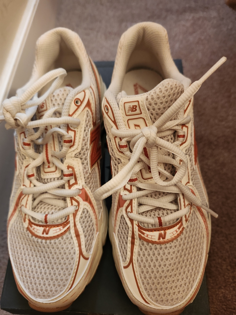 New Balance Women's Beige Mesh Athletic Sneakers with Orange Trim